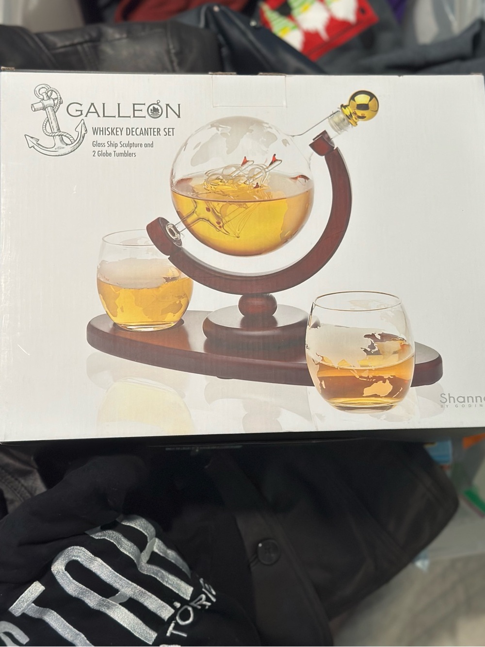 Whiskey Decanter Set with Brown Wood Stand and Clear Globe Decanter